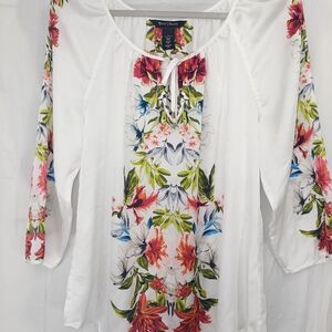 White House Black Market White Floral Tie-Front Peasant Blouse